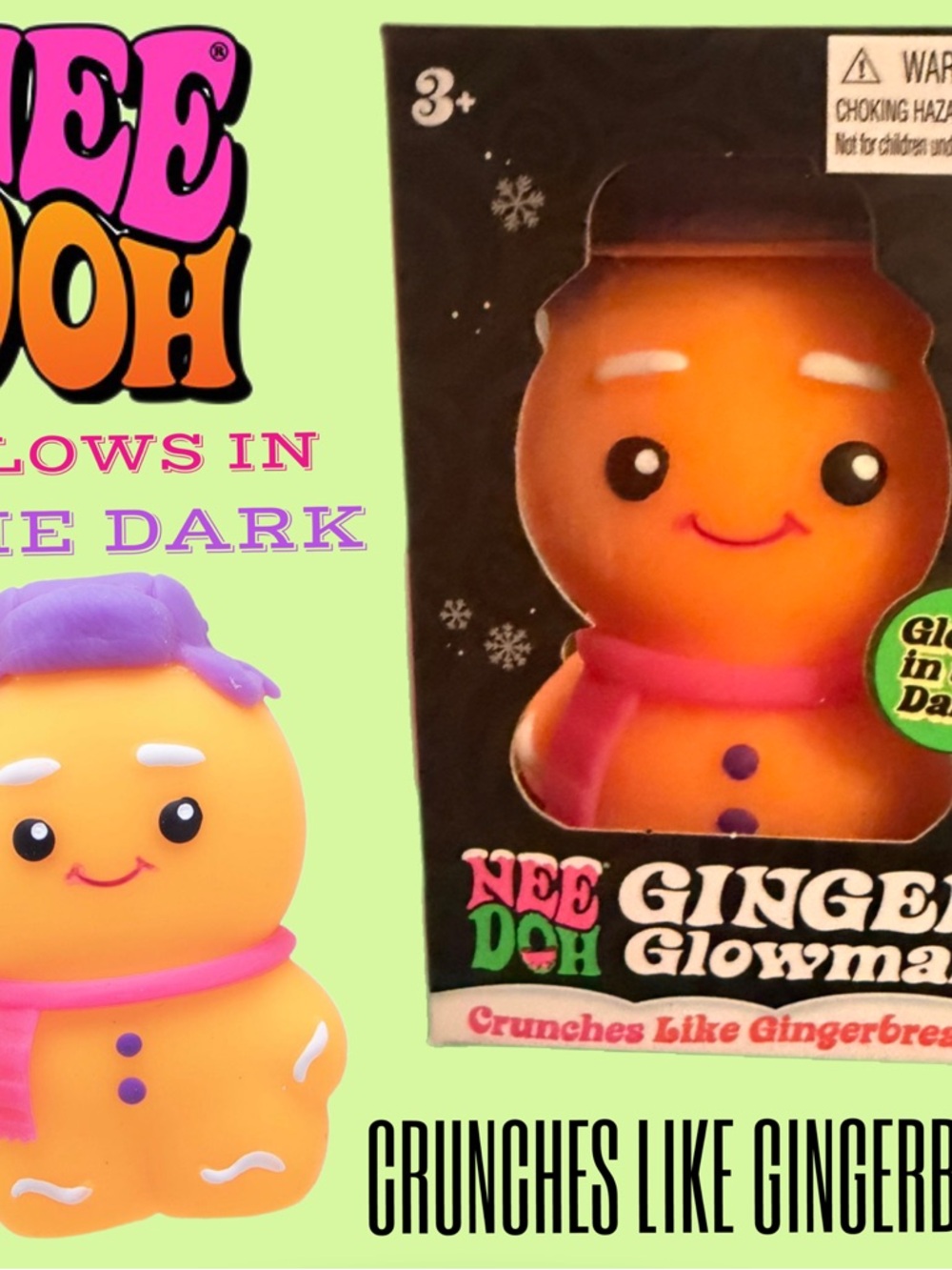 NIB NeeDoh Ginger Glowman Gingerbread - Glows In Dark - RARE Nee Doh Squishy